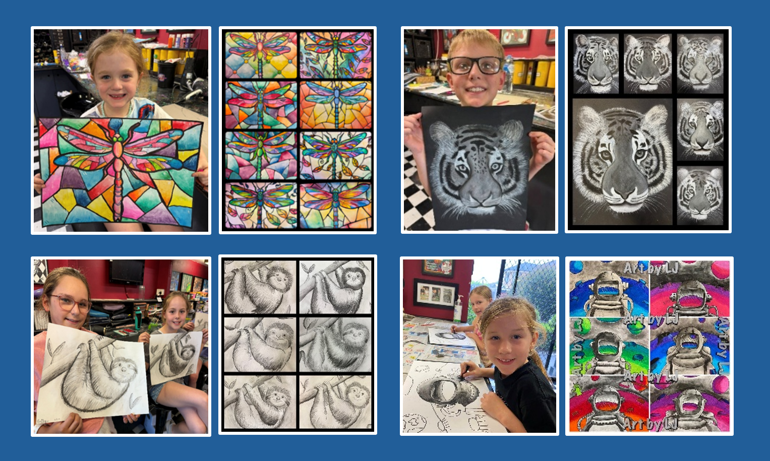 Student artworks from Art by LJ kids classes showing dragonfly, tiger and sloth paintings