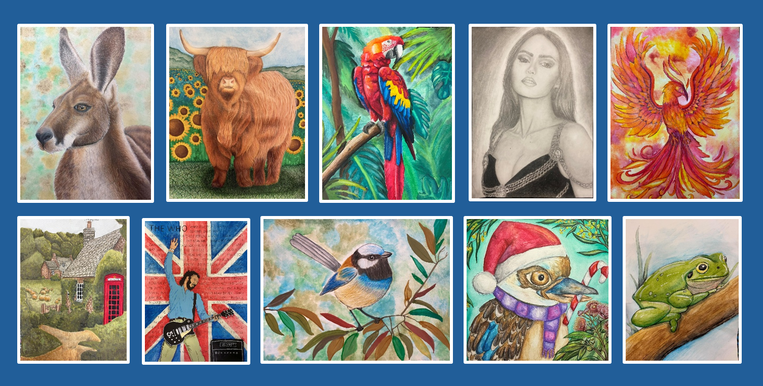 Student paintings of kangaroo, highland cow and parrot at Art by LJ