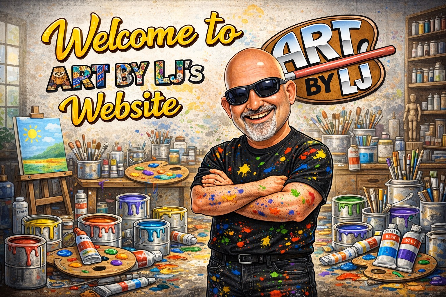 Lex James caricature in art studio surrounded by colourful spray cans and art supplies