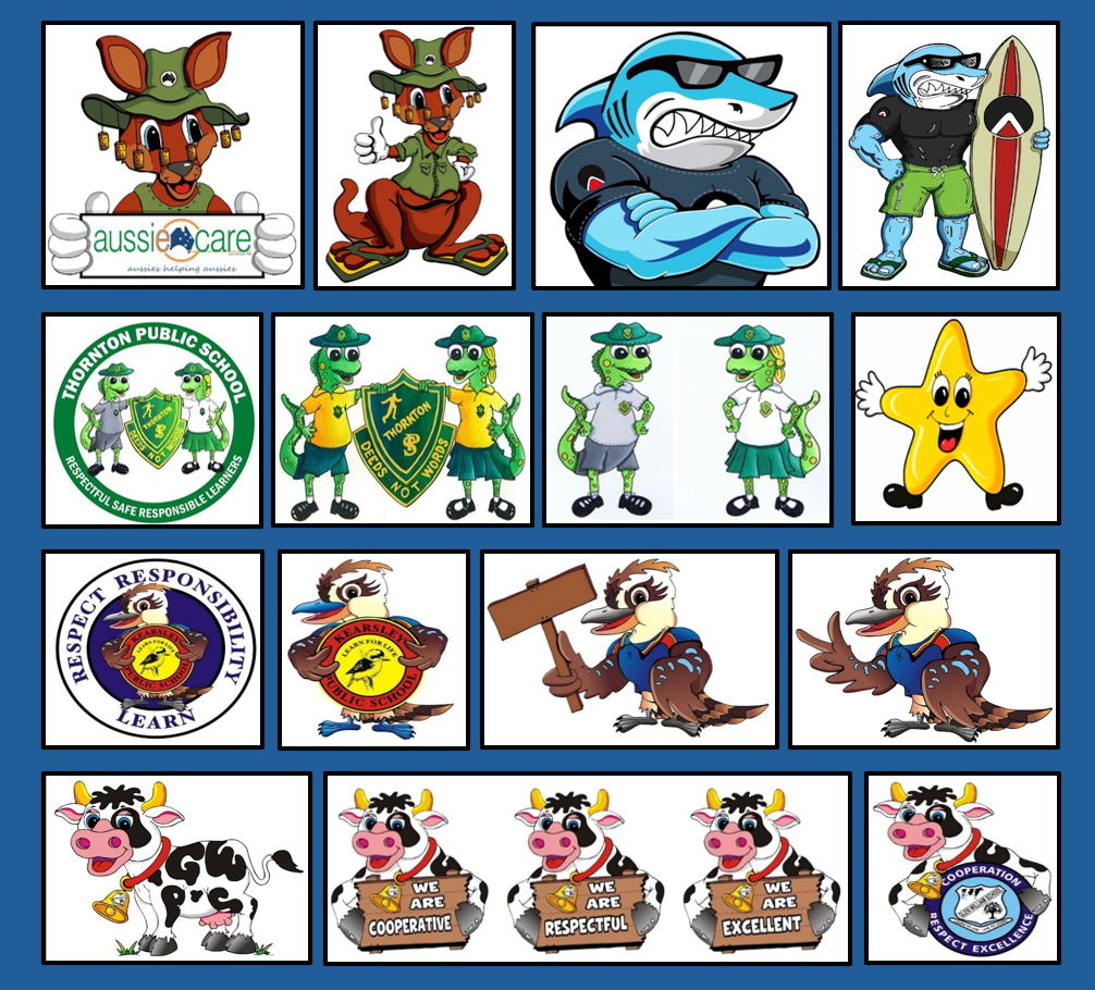 Custom mascot designs by Art by LJ showing a variety of character illustrations