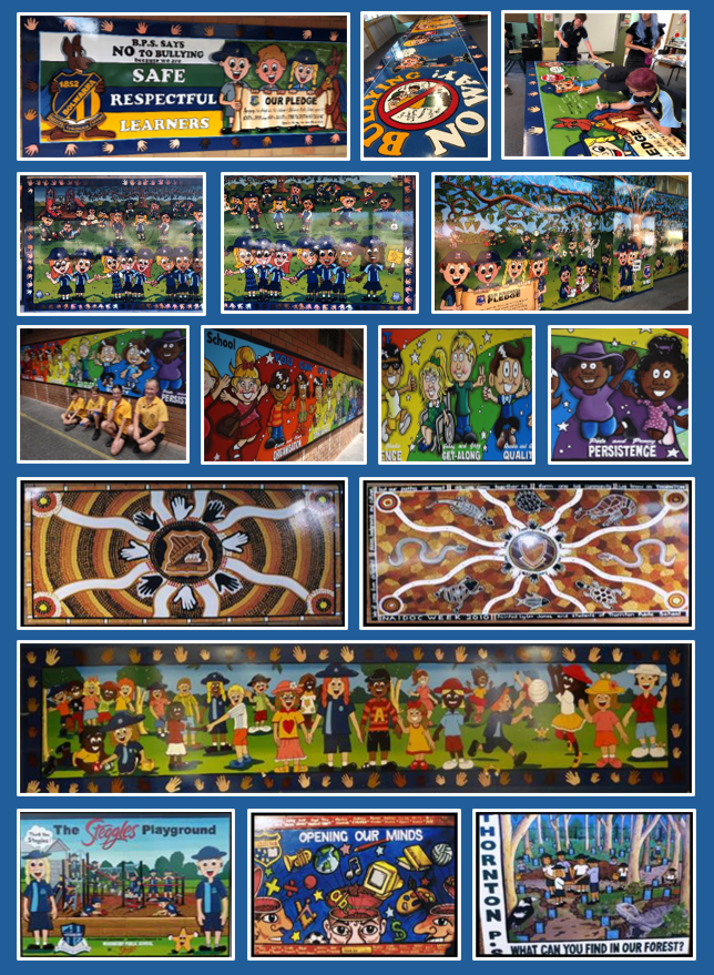 School mural panels painted by Art by LJ featuring colourful scenes and characters